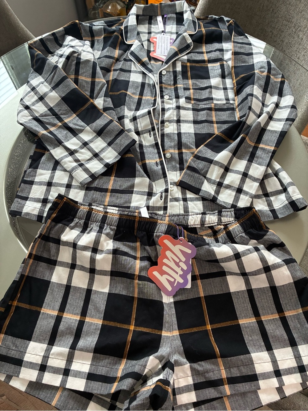 YITTY Black, White & Brown Plaid Kids Pajama Set - Button Top & Shorts
